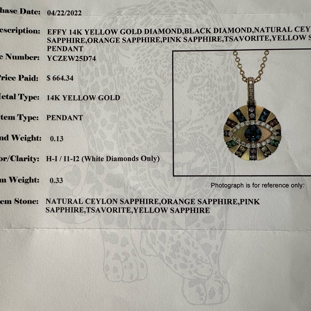 Effy 14k yellow gold diamonds sapphires tsavorite pendant necklace evil eye